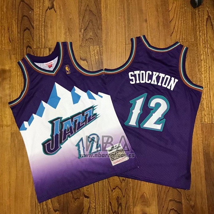 Camiseta Utah Jazz John Stockton NO 12 Hardwood Classics Throwback 1996-97 Violeta